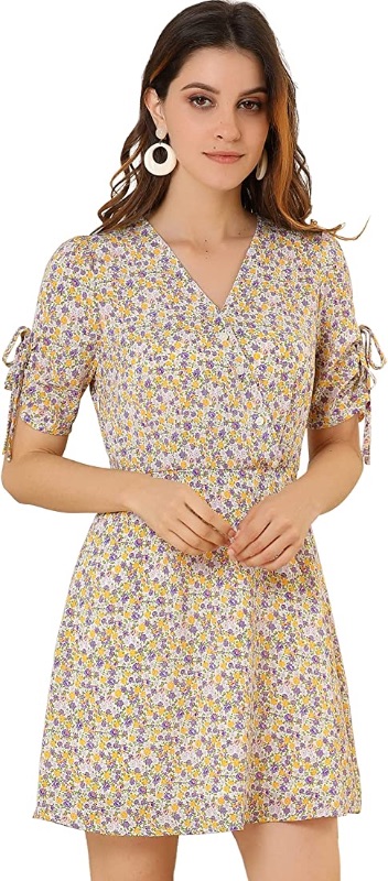 Photo 1 of Allegra K Women's Floral Puff Sleeves Ruched Cuffs V Neck Dress - S -