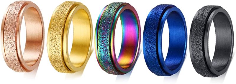 Photo 1 of Jakob Miller 5PCS 6MM Anxiety Ring for Women - Fidget Rings for Anxiety Spinner Rings for Teen Girls, Sand Blasted Finished Band Set, Color-Rose Gold/Gold/Blue/Black/Rainbow - UNKNWON SZIE -