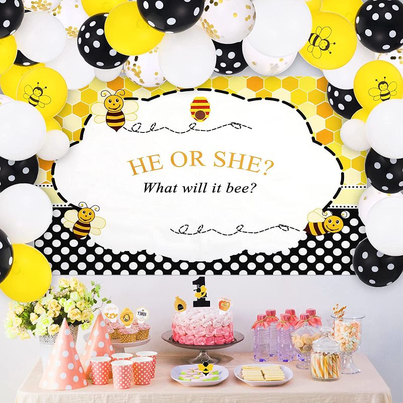 Photo 1 of 78 Pieces Bee Birthday Party Supplies Set Gender Reveal Decorations, Include Bee Birthday Backdrop, Bee Cake Toppers, Colorful Latex Balloons for 1st Birthday Party Baby Shower