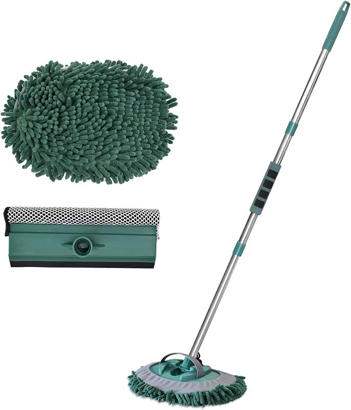 Photo 1 of  AgiiMan Car Wash Brush with Long Handle - 3 in 1 Car Cleaning Mop, Chenille Microfiber Mitt Set, Adjustable Length 24in-43in Glass Scrabber Vehicle Cleaner Kit, Green
