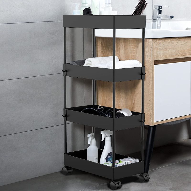 Photo 1 of AOJIA 4 Tier Slide Out Storage Cart, Bathroom Storage Organizer Rolling Utility Cart, Bathroom Storage Cart with Wheels (Black)
