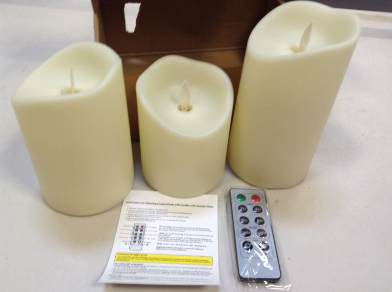 Photo 2 of Flickering Flameless Candles Outdoor Waterproof Battery Operated Candle Led Candle Pillar Frosted Plastic Candle Set of 3 Include Realistic Dancing LED Flames and Remote Control ?D:3.25"x H:4"5"6"?