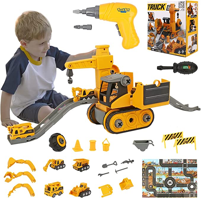 Photo 1 of Excavator Toy for Kids,4 in 1 Construction Toy Truck with Drill and Map,Toys for 3 Year Old Boys, Assemble Sliding Track with Map,Floor Drill,Crane,Excavator with Electric Drill for Kids 3 Years +