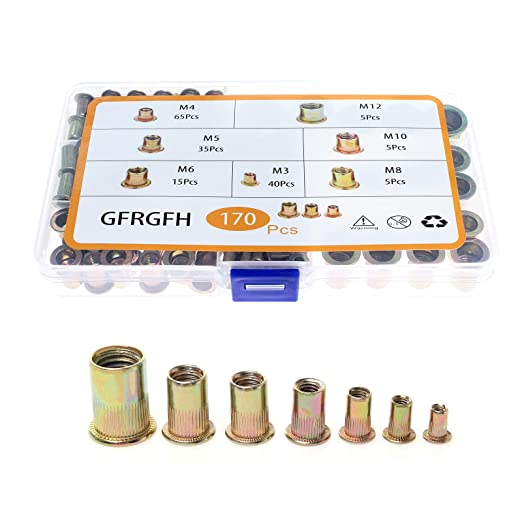 Photo 1 of 170pcs Rivet Nuts Kit, Zinc Plated Carbon Steel, 8-32#10-24 1/4"-20 3/8"-16 5/16"-18 Metric Rivet Nut Assortment Kit, M3 M4 M5 M6 M8 M10 M12 Flat Head Threaded Insert Nut Assort
