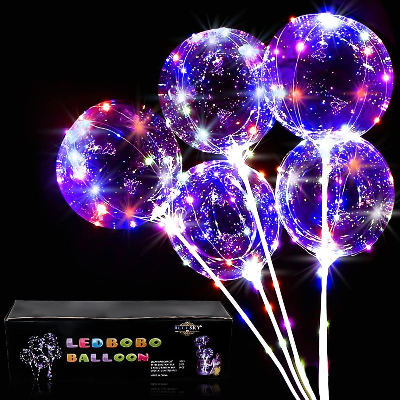 Photo 1 of 5 Pack LED Balloons, Clear Light Up Balloons with Sticks, Bobo Balloons Colorful Neon Balloons Glow in the Dark, Helium Balloons Sets for Party, Birthday, Wedding, Decoration
