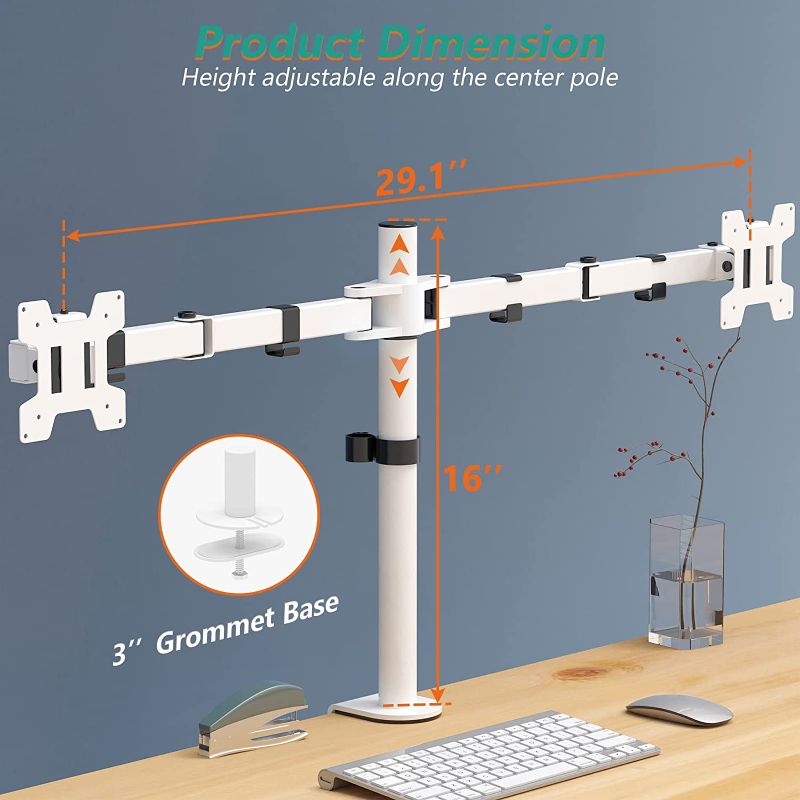 Photo 2 of WALI Dual LCD Monitor Fully Adjustable Desk Mount Stand Fits 2 Screens up to 27 inch, 22 lbs. Weight Capacity per Arm (M002-W), White
