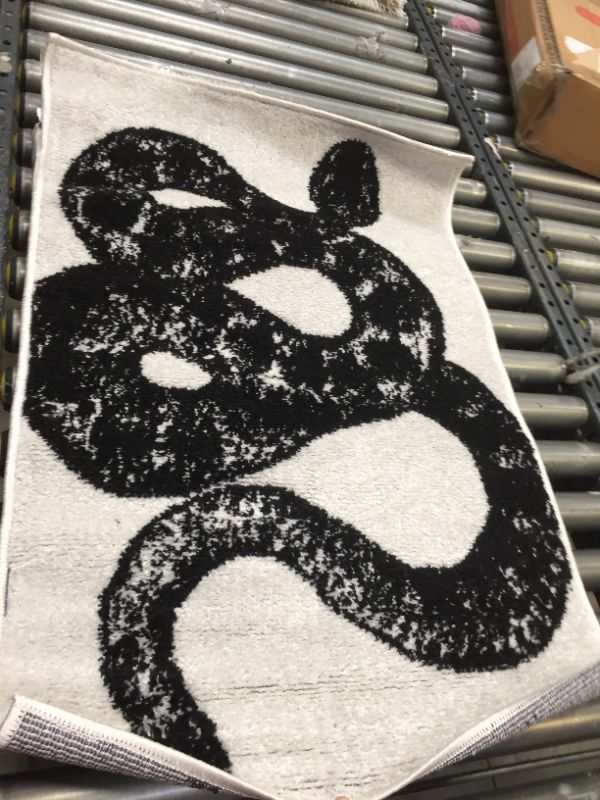 Photo 1 of muLOOM Thomas Paul Serpent Runner Rug, 2'x3', Black and White, No Box Packaging, Moderate Use, Creases and Wrinkles in item. Minor Fraying on Edges, Hair Found on item, Dirty From Shipping and Handling, Tape found on Item
