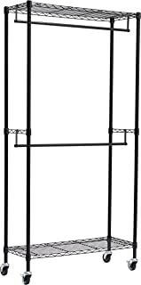 Photo 1 of Amazon Basics Adjustable, Double Hanging Rod Garment Rolling Closet Organizer Rack - Black, 72 inches, Box Packaging Damaged, Moderate Use, Scratches and Scuffs Found on Item, Missing Parts, Missing some Hardware

