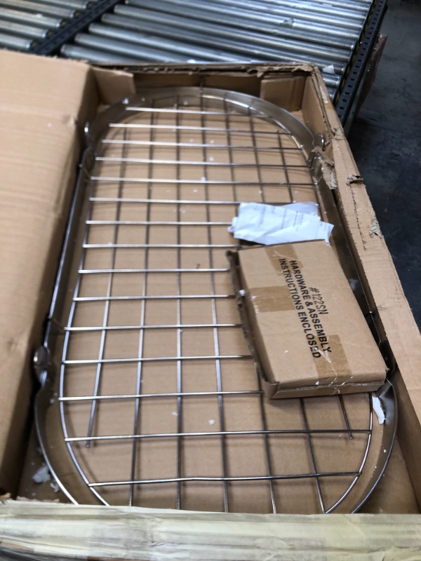 Photo 3 of 3.25 in. x 18 in. x 36 in. Satin Nickel Oval Pot Rack, Box Packaging Damaged, Moderate Use, Scratches and Scuffs Found on Item, Missing Parts, Missing some Hardware, Bends in Metal
