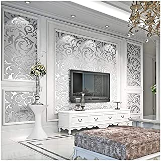Photo 1 of 3D Damask Wallpaper, Modern Non-Woven Silver Flower Pattern Wallpaper Home Decor Wallpaper for Home Living Room Bedroom Indoor and TV Background, Need Glue and Wallpaper Powder