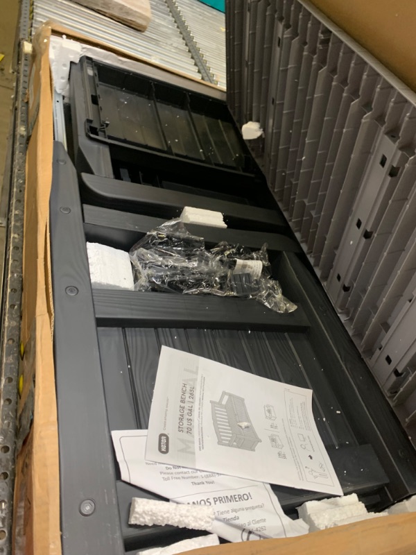 Photo 8 of Keter Solana 70 Gallon Storage Bench Deck Box for Patio Furniture, Box Packaging Damaged, Moderate Use, Scratches and Scuffs Found on Item, Missing Parts, Missing Hardware, Selling for Parts
