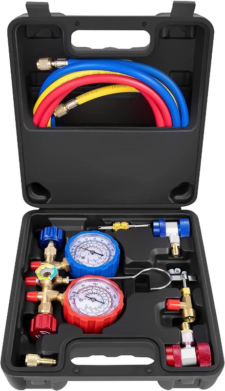 Photo 1 of AURELIO TECH 3 Way A/C Diagnostic Manifold Gauge Set, Fits R134A R12 R22 and R502 Refrigerants, with 5FT Hose, Acme Tank Adapters, Adjustable Couplers and Can Tap
