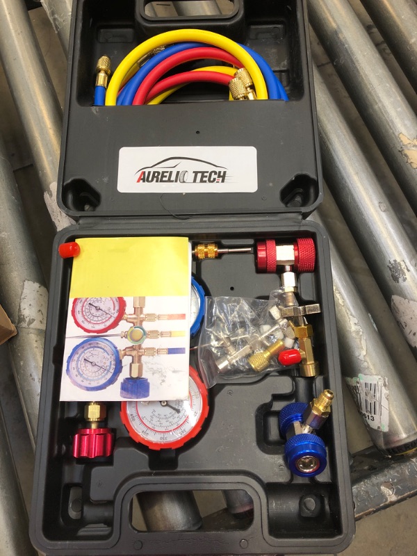 Photo 2 of AURELIO TECH 3 Way A/C Diagnostic Manifold Gauge Set, Fits R134A R12 R22 and R502 Refrigerants, with 5FT Hose, Acme Tank Adapters, Adjustable Couplers and Can Tap
