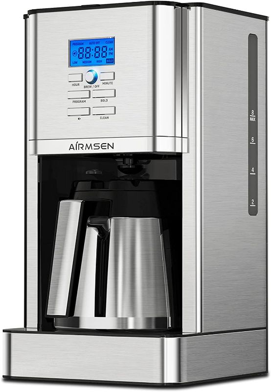 Photo 1 of AIRMSEN Drip Coffee Maker 8 Cup, Programmable Coffee Maker 4 Hours Warming Stainless Steel Coffee Machine with Thermal Carafe, Reusable Filter for Home and Office - CM1705WE------handle on coffee pot is broken--------used needs cleaning 