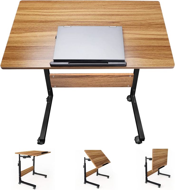 Photo 1 of 31.5" Home Office Desks Standing Adjustable Height Laptop Desk with Tilt Tabletop for Small Spaces Computer Table for Couch Bedrooms Mobile Rolling Portable Student Desk on Wheels - Wood
