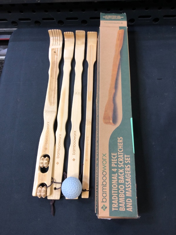 Photo 2 of BambooWorx Traditional Bamboo Wooden Back Scratcher - 4 Piece Body Relaxation Massager Set for Men & Women - 17.5" Long Handle, Strong and Sturdy Itching Relief Back Scratchers - 100% Natural Wood
