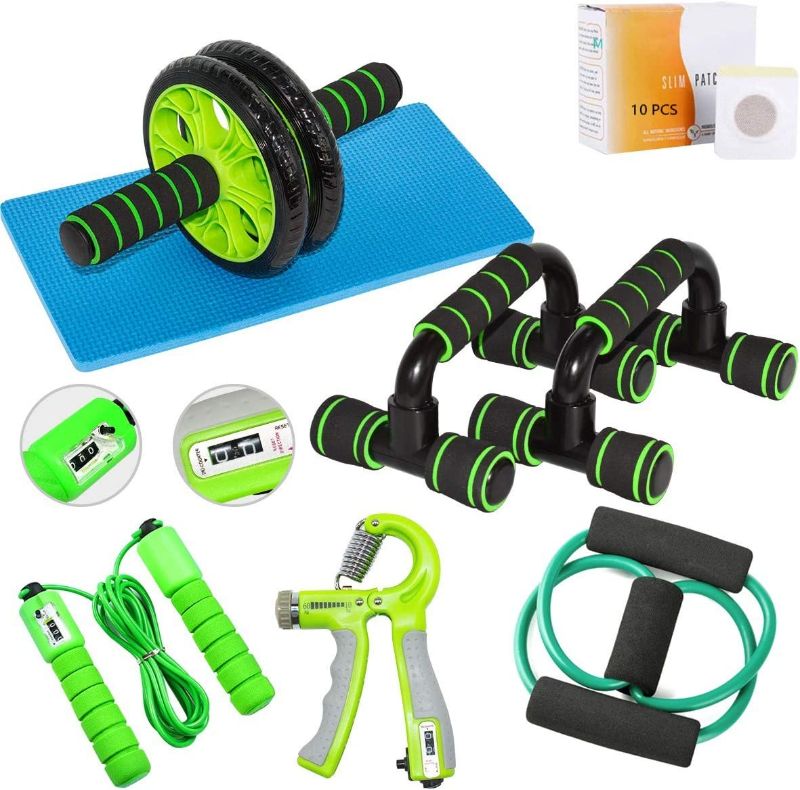 Photo 1 of 7 in 1 AB Wheel Roller Kit with Abdominal Wheel,Handles Push-UP Bar, Counting Jump Rope, Counting Hand Gripper,Knee Pad,Resistant Band,Weight Loss Sticker for Home Exercise
