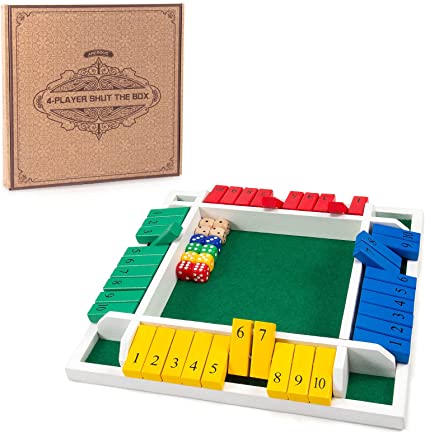Photo 1 of AMEROUS Shut The Box Dice Game-12 inches-Colorful Design-1-4 Players-12 Dice-Gift Package, Classic 4 Sided Wooden Board Game for Adults Kids, Classics Tabletop Version and Pub Board Game

