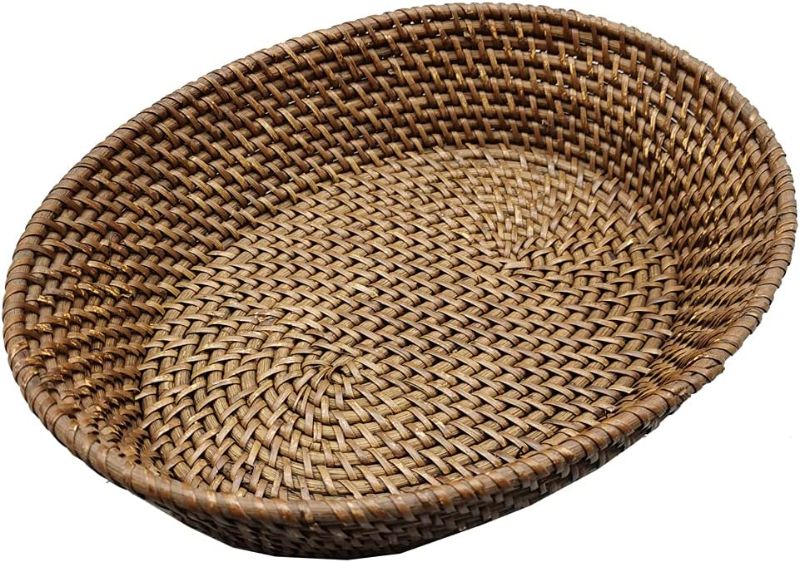 Photo 1 of amololo 14 Inch Oval Rattan Basket, Handmade Wicker Serving Basket Tray with 3.5 Inch Raised Sides, Large Rattan Fruit Bowl, Coffee Table Décor for Bread, Snack, Makeup, Valet, Odds and Ends, L, Brown
