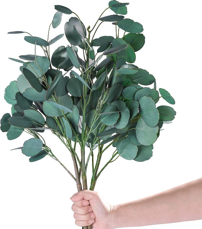 Photo 1 of 144 Pieces Eucalyptus Leaves Faux Eucalyptus Stems Real Touch Greenery Branches for Vase Home Party Wedding Decoration
