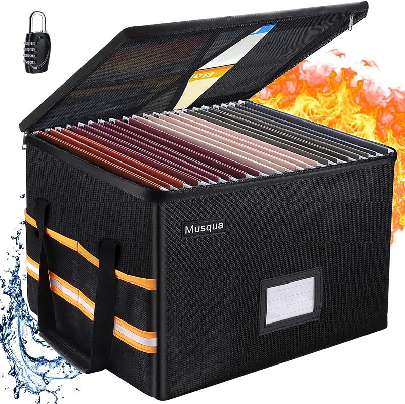 Photo 1 of Fireproof Document Box Collapsible File Organizer Box with Lock Portable Filing Cabinet Bins with Handle for Home Office Hanging Letter or Legal Size Folder Certifications Toys Comic Book Storage Box
