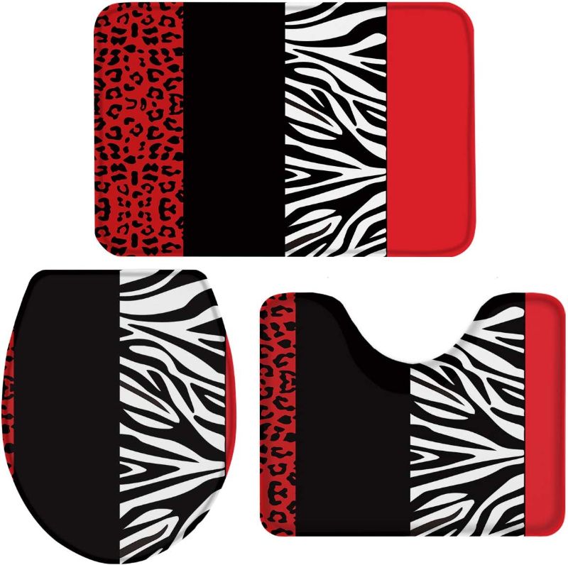 Photo 2 of 3-Piece Bath Rug and Mat Sets, Abstract Splicing Red Black Zebra and Leopard Print Non-Slip Bathroom Decor Doormat Runner Rugs, U-Shaped Toilet Floor Mats, Toilet Seat Cover Modern Art