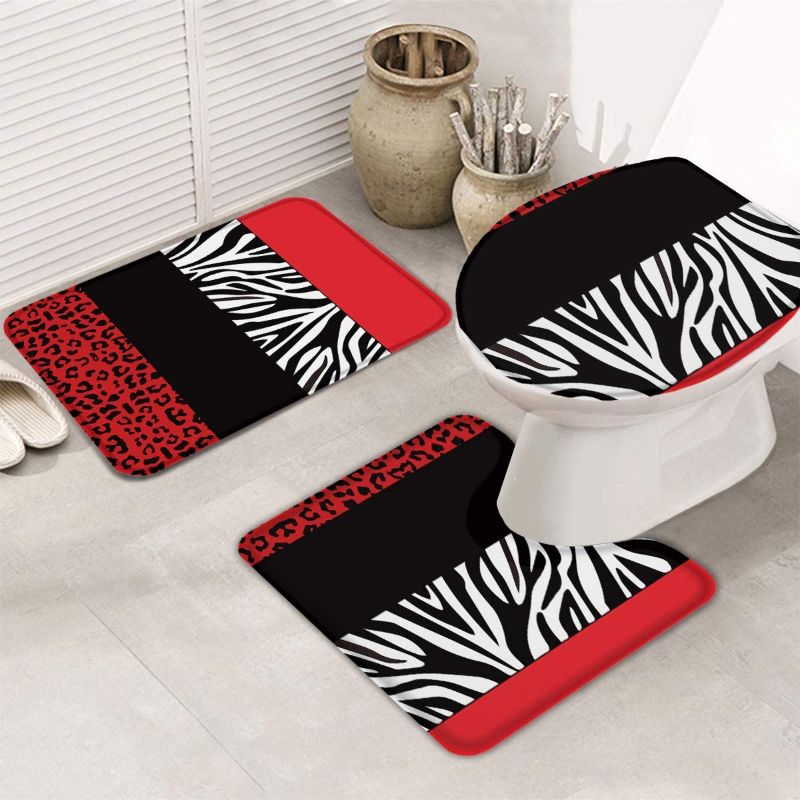 Photo 1 of 3-Piece Bath Rug and Mat Sets, Abstract Splicing Red Black Zebra and Leopard Print Non-Slip Bathroom Decor Doormat Runner Rugs, U-Shaped Toilet Floor Mats, Toilet Seat Cover Modern Art