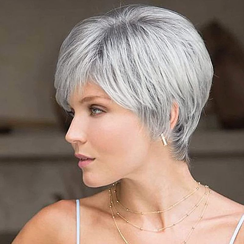 Photo 1 of Elvasen Pixie Layered Short Blonde Wigs for White Black Women Synthetic Hair ?Grey?