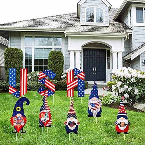 Photo 2 of 8 Pieces 4th of July Yard Sign with Stake Independence Day Gnome Yard Sign Patriotic Letters Yard Signs Outdoor Lawn Decorations for Memorial Day Courtyard Lawn Garden Ornament