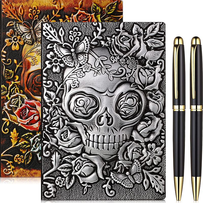 Photo 1 of 2 Sets Skull Embossed Leather Journal Gothic Writing Notebooks with Golden Classic Pen, Antique Handmade Vintage Leather Daily Notepad Sketchbook, Travel Diary Notebook to Write in, Gift for Men Women