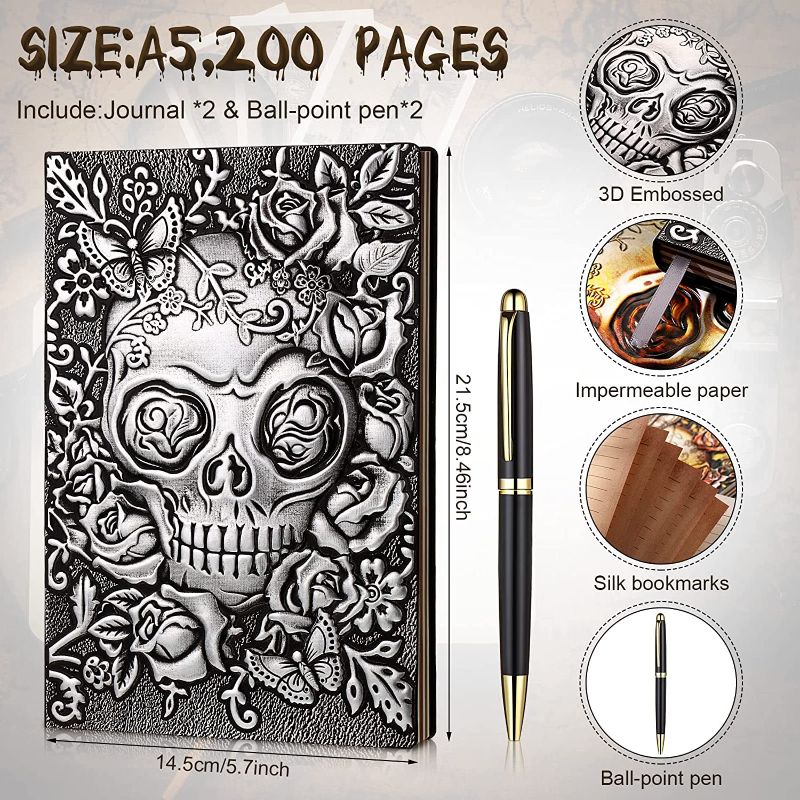 Photo 2 of 2 Sets Skull Embossed Leather Journal Gothic Writing Notebooks with Golden Classic Pen, Antique Handmade Vintage Leather Daily Notepad Sketchbook, Travel Diary Notebook to Write in, Gift for Men Women