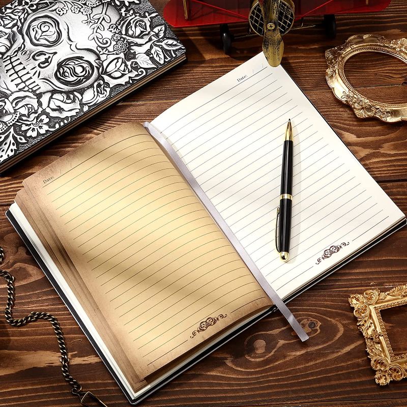 Photo 4 of 2 Sets Skull Embossed Leather Journal Gothic Writing Notebooks with Golden Classic Pen, Antique Handmade Vintage Leather Daily Notepad Sketchbook, Travel Diary Notebook to Write in, Gift for Men Women