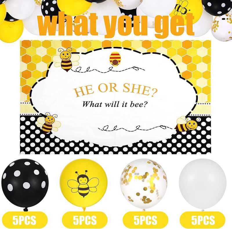 Photo 2 of 78 Pieces Bee Birthday Party Supplies Set Gender Reveal Decorations, Include Bee Birthday Backdrop, Bee Cake Toppers, Colorful Latex Balloons for 1st Birthday Party Baby Shower