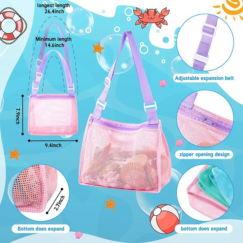 Photo 2 of 5 Pieces Colorful Beach Mesh Bag Set Include 2 Large Beach Toy Mesh Bags and 3 Kids Beach Seashell Collection Tote Bags Sand Toy Storage for Holding Beach Toys, Stay Away from Sand, Toy Not Included