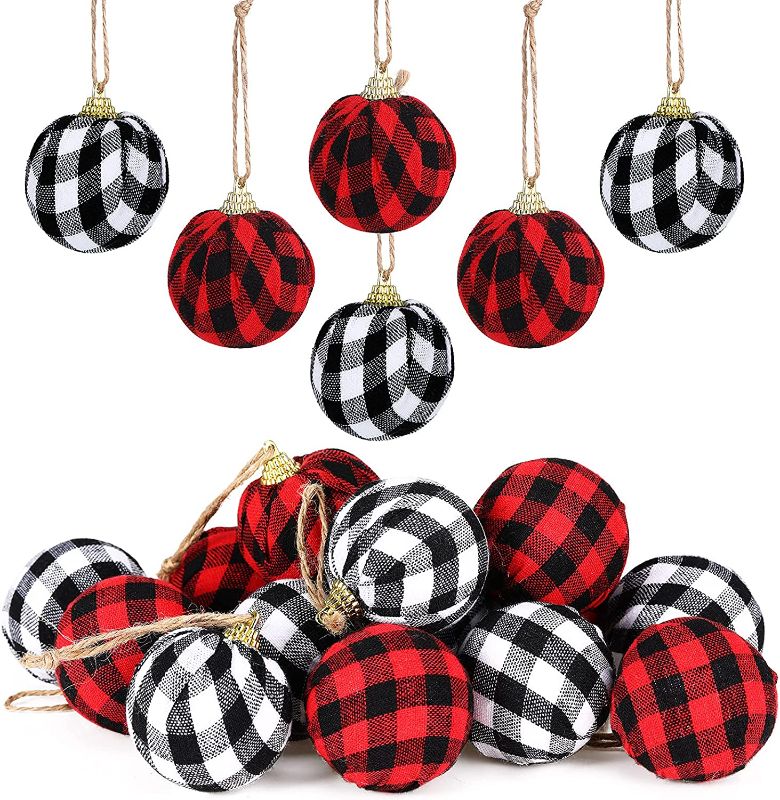 Photo 1 of 16 Pieces Christmas Plaid Ball Ornaments Buffalo Check Balls Plaid Fabric Wrapped Balls Christmas Tree Hanging Ornaments for Xmas Holiday Farmhouse Party Decoration (Red, Black, White, 2.17 Inches)