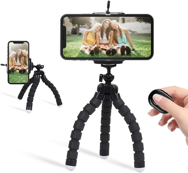 Photo 1 of Phone Tripod, Premium Bendable Tripod with Wireless Remote and Universal Clip, Mini Phone Tripod Stand Compatible with All Cell Phones/Cameras, Cell Phone Tripod Stand for Video Recording (Black)