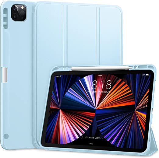 Photo 1 of DTTO iPad Pro 12.9 case 2021 [Full Body Protection+Apple 2nd Pencil Charging+ Auto Sleep/Wake] Soft TPU Smart Back Cover Case, Ice Blue