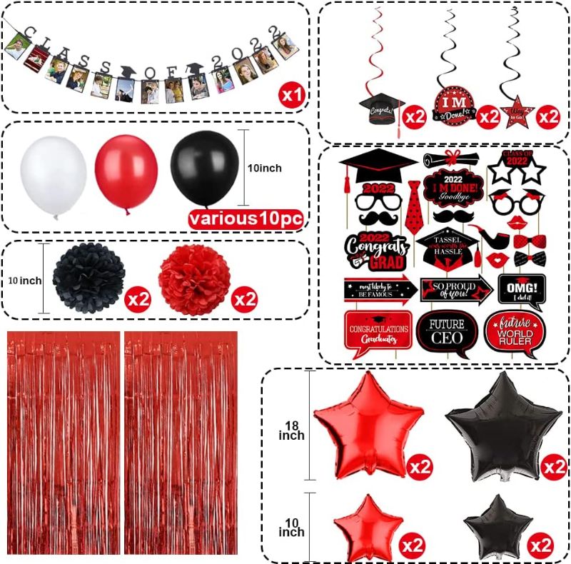 Photo 2 of Black Red Graduation Party Decorations 2022 Graduation Decorations class of 2022 graduation decorations Including Congrats Grad Banners Paper Photo Booth Props Balloons foil fringe curtains for Graduation Party Supplies 2 COUNT 