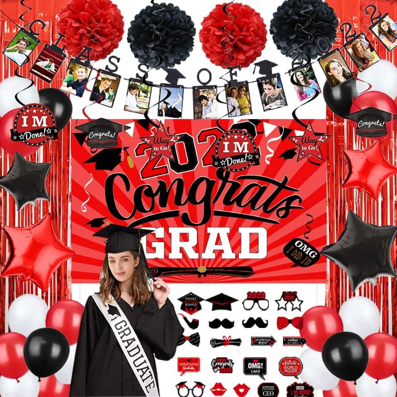 Photo 1 of Black Red Graduation Party Decorations 2022 Graduation Decorations class of 2022 graduation decorations Including Congrats Grad Banners Paper Photo Booth Props Balloons foil fringe curtains for Graduation Party Supplies 2 COUNT 