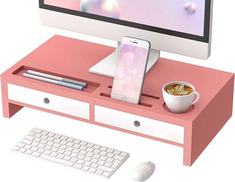 Photo 1 of Monitor Stand Riser Desk Organizer - Computer Stand with Storage Drawers, Phone Holder & Cups Slot - Monitor Stand for Printer, Screen - No Assembly Needed (Pink & White, 20.5 x 10.6 x 4.8)
