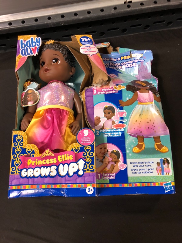 Photo 2 of Baby Alive Princess Ellie Grows Up! Black Hair Doll, Interactive Baby Doll with Accessories, Talking Baby Dolls, Toys for 3 Year Old Girls and Boys and Up, 18-Inch
----DAMAGE TO PACKAGING ---