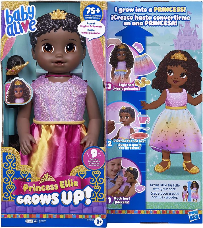 Photo 1 of Baby Alive Princess Ellie Grows Up! Black Hair Doll, Interactive Baby Doll with Accessories, Talking Baby Dolls, Toys for 3 Year Old Girls and Boys and Up, 18-Inch
----DAMAGE TO PACKAGING ---