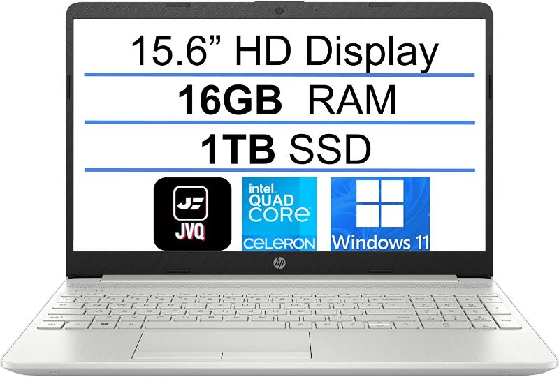 Photo 1 of 2022 Newest HP 15 Laptop Computer, 15.6" HD Display, Intel Celeron Quad-Core N4120(up to 2.6Ghz), 16GB DDR4 RAM, 1TB SSD, HDMI, RJ45, Wi-Fi, Bluetooth, Webcam, USB Type-C, Win11 S, Silver+JVQ MP - open box for pics 
