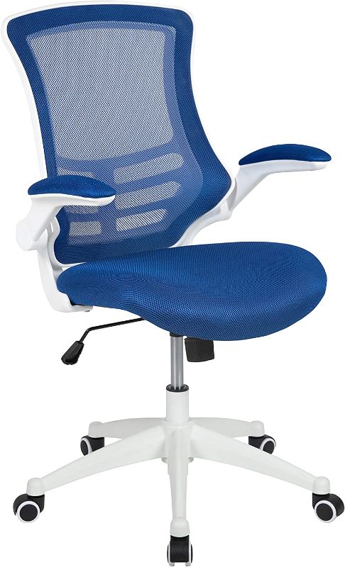 Photo 1 of Flash Furniture Mid-Back Blue Mesh Swivel Ergonomic Task Office Chair with White Frame and Flip-Up Arms
Overall Size: 24.5"W x 25.5"D x 37.5-41.25"H | Seat Size: 20.25"W x 19"D x 17.25-20.75"H | Back Size: 17-20"W x 23"H | Arm Size: 26.25-30.25"H from flo