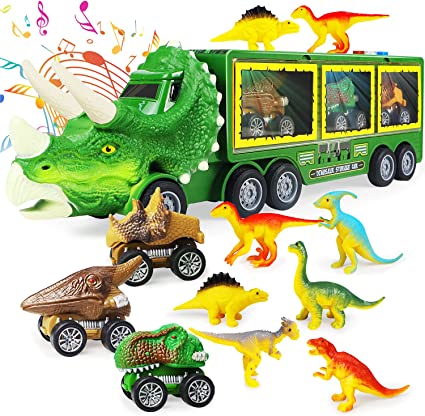 Photo 1 of Dinosaur Toy Truck for Kids 3-7 with Flashing Lights, Music and Roaring Sound, 10 in 1 Dinosaur Toys for Boys and Girls, 3 Pull Back Dinosaur Cars, 6 Dinosaur Toys and 1 Dinosaur Carrier Truck