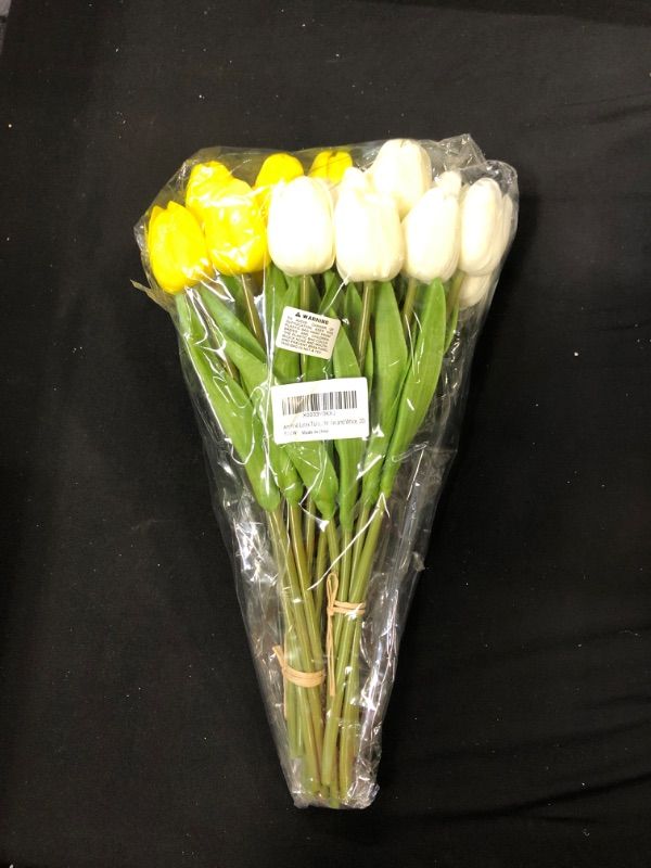 Photo 1 of 20 Pcs Artificial Tulip Flowers in Yellow and White Faux Tulip Stems PU Real Touch Tulips 13.7" Tall for Easter Spring Wedding Bouquet Floral Arrangements Wreath Table Centerpiece Indoor Outdoor Decor