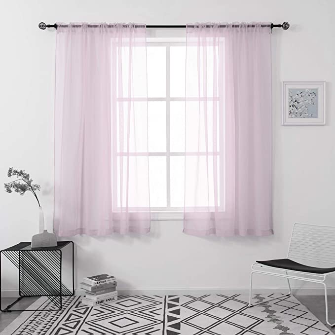 Photo 1 of 2 Panels Sheer Voile Curtains Draperies - Window Treatment Rod Pocket Light Filtering Curtains Drapes Panels for Bedroom Living Room Party Backdrop, Pink, 52 Inch by 45 Inch
