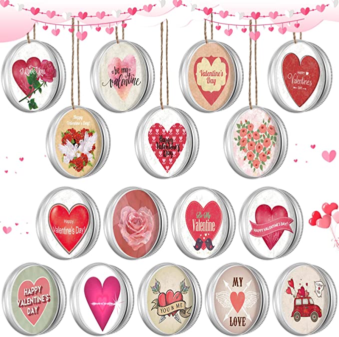 Photo 1 of 16 Pieces Mason Jar Lid Ornaments Valentine's Day Hanging Ornaments Rustic Farmhouse Heart Ornaments Galvanized Hanging Decorations Jar Lid Romantic Valentine's Day Party Decorations
