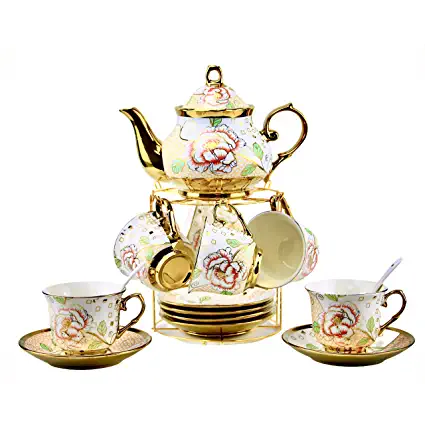 Photo 1 of 20 Pieces Porcelain Tea Set With Metal Holder, European Ceramic tea set for adults,Turkish Tea Set,Tea Set For Women With Flower Painting,27OZ/Pot,6.8OZ/Cup (Cream)
