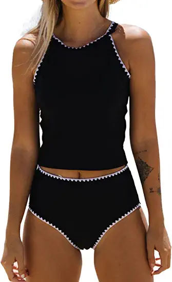 Photo 1 of Beachsissi Women Cute White Trim Bathing Suit Swimwear Round Neck Tankini Set, Black
(M)